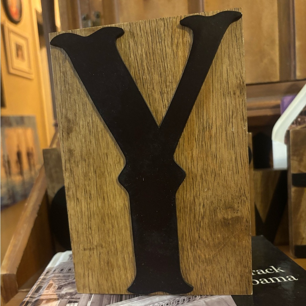 Decorative Wooden Block/Plaque Metal Letter A Wall Accent- Black on Natural Wood